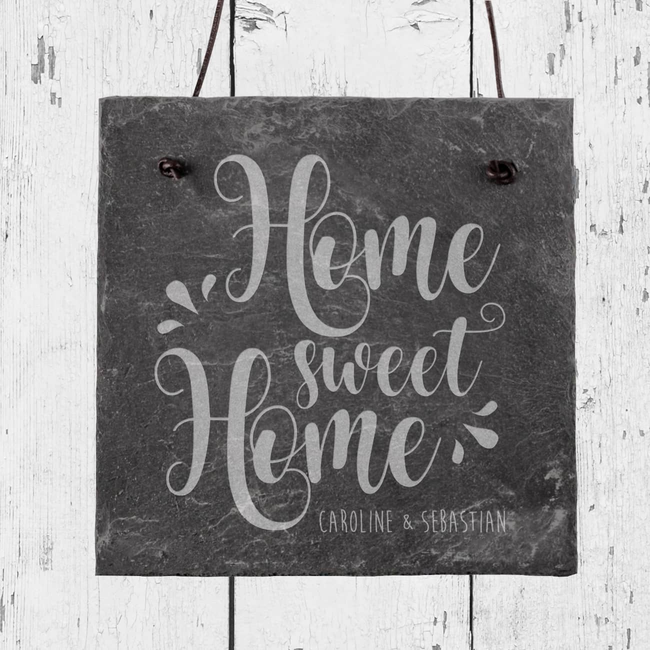 Schieferplatte mit Wunschnamen und Home sweet Home Gravu