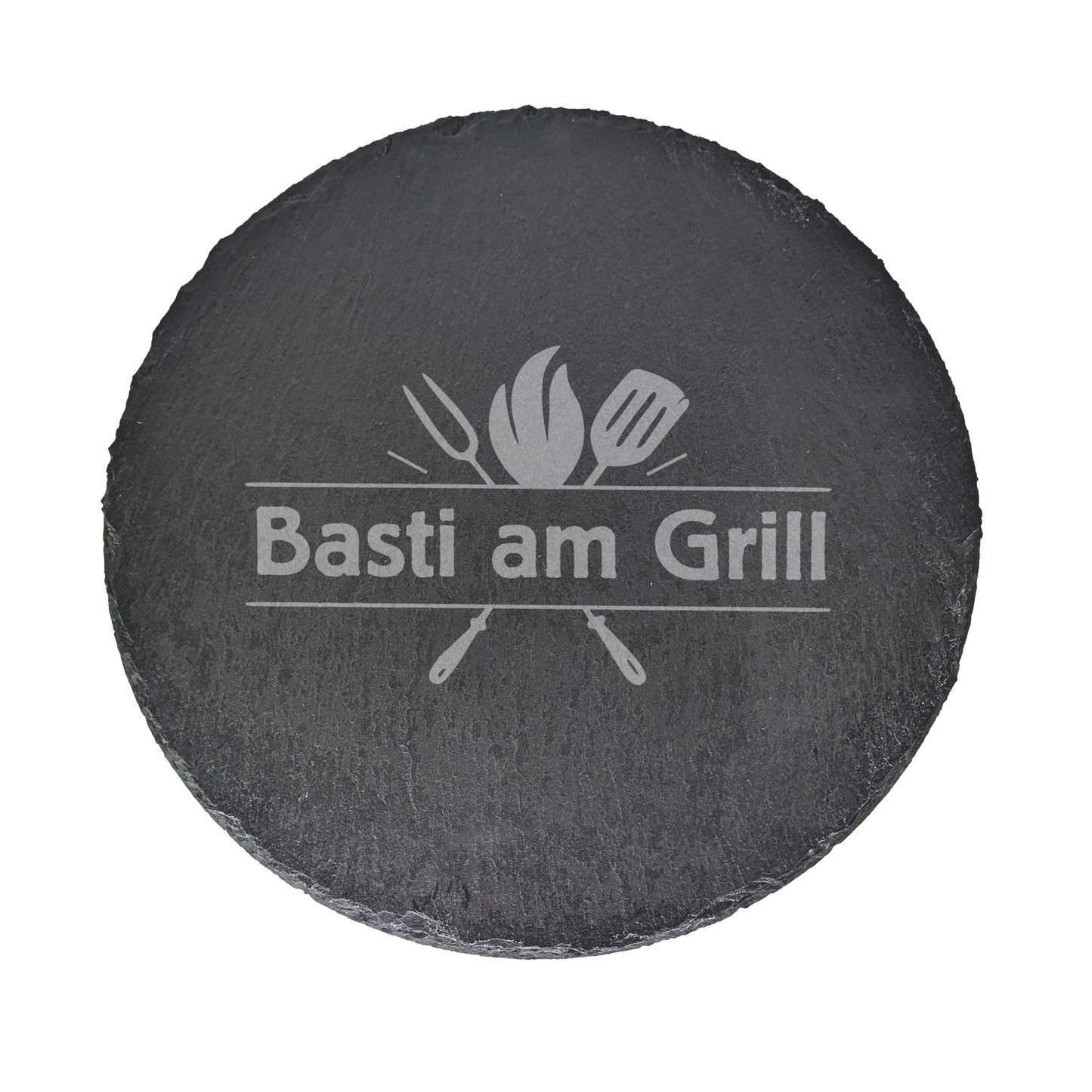 Freigestellte Schieferplatte mit Motivgravur und Wunschtext.