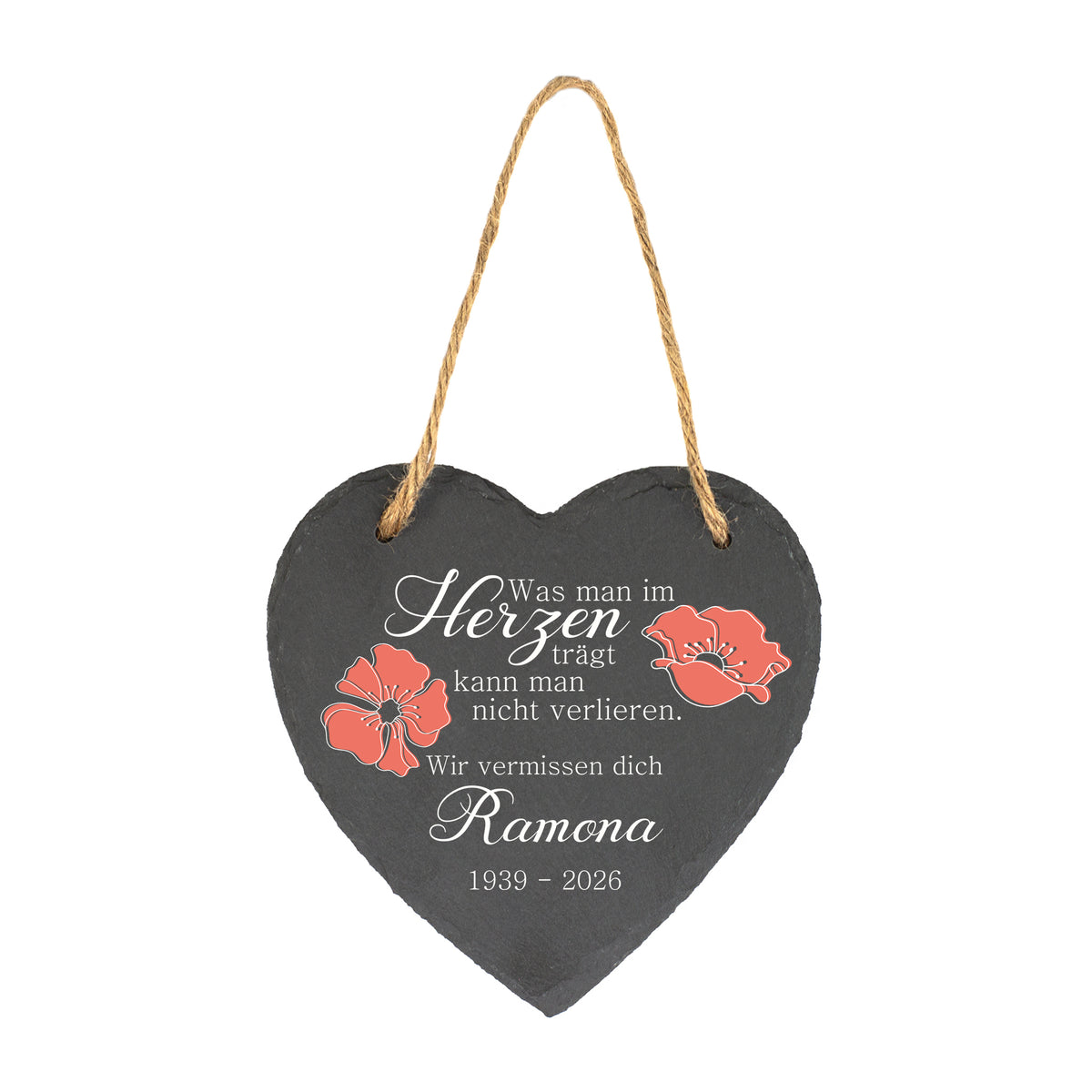 Schieferherz als Trauergeschenk mit Juteband, Mohnblumen Motiv, Name und Datum personalisiert