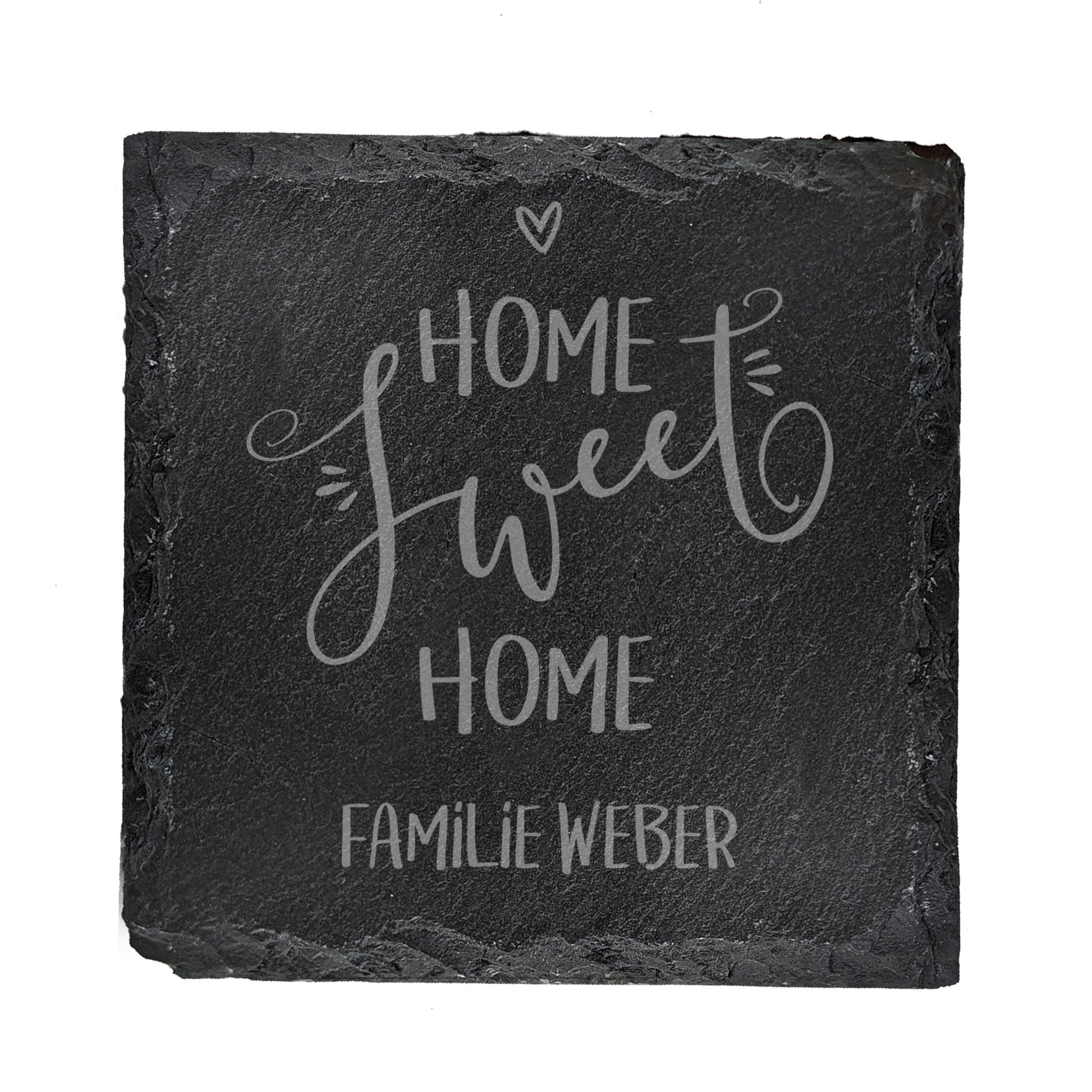 Quadratischer Schiefer-Untersetzer mit Gravur „Home sweet Home“ und Familienname