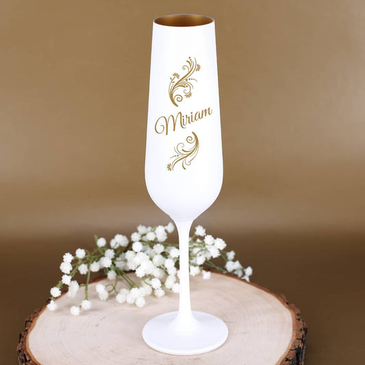 Graviertes Sektglas in edlem Weiß-Gold