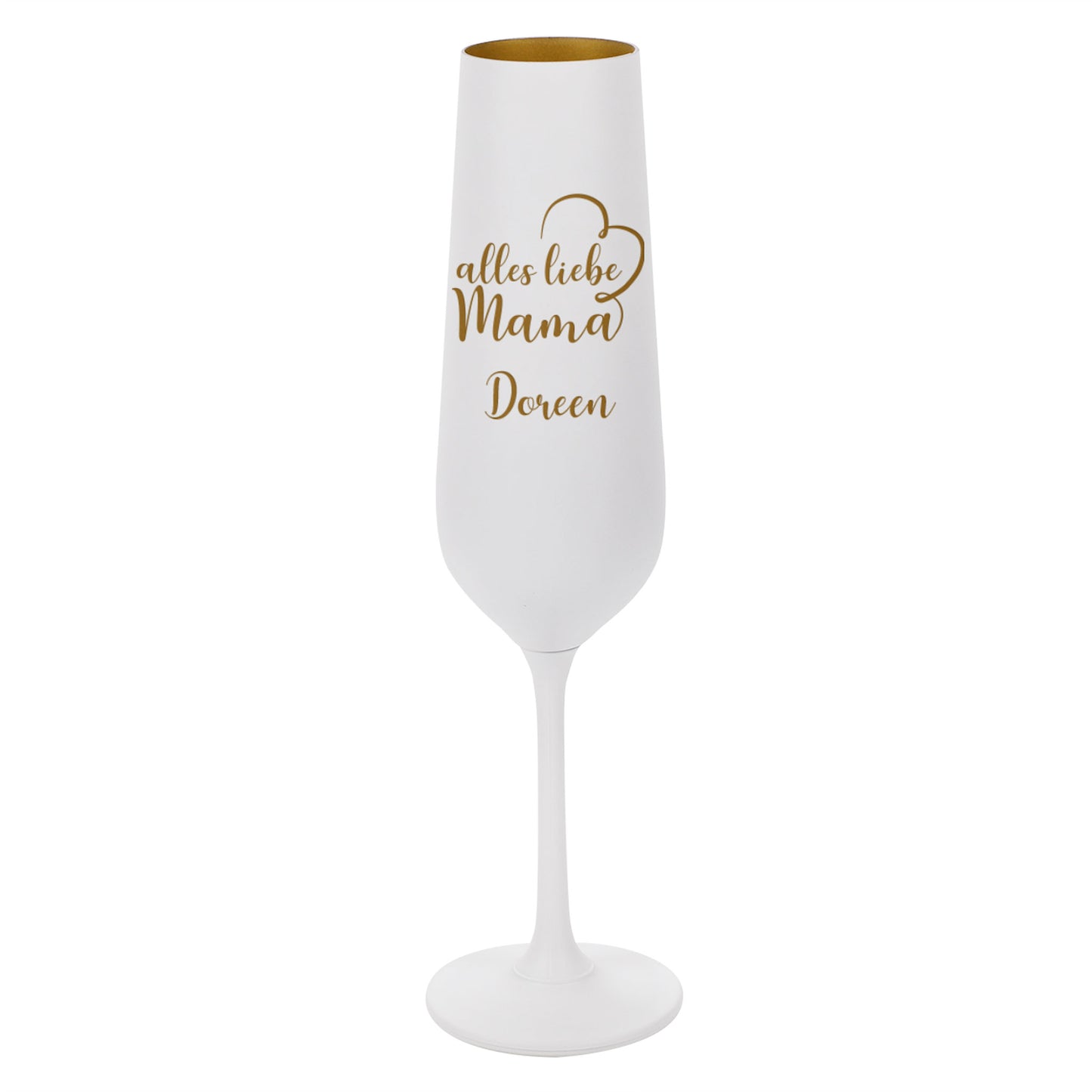 Freisteller eines weißen Sektglases mit Herz- und Namensgravur in Gold
