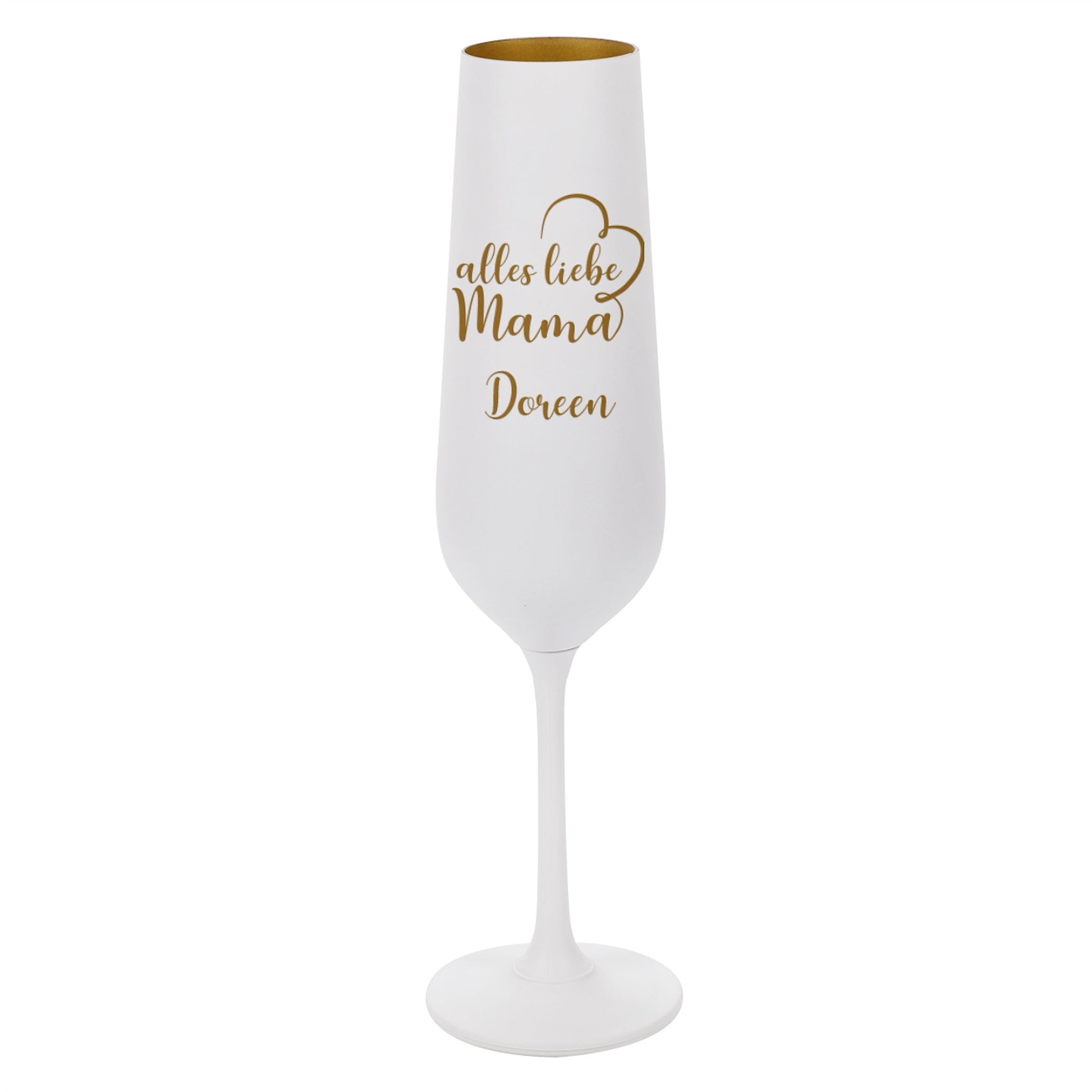 Freisteller eines weißen Sektglases mit Herz- und Namensgravur in Gold