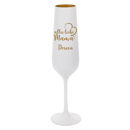 Freisteller eines weißen Sektglases mit Herz- und Namensgravur in Gold