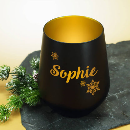 Winter-Windlicht in schwarz-gold mit Schneeflocken und Name graviert
