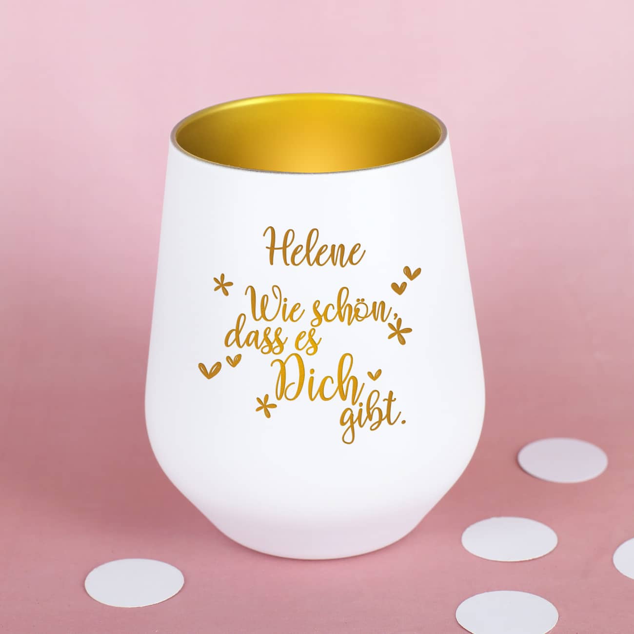 Weiß-goldener Kerzenbecher "Wie schön, dass es Dich gibt" mit Name