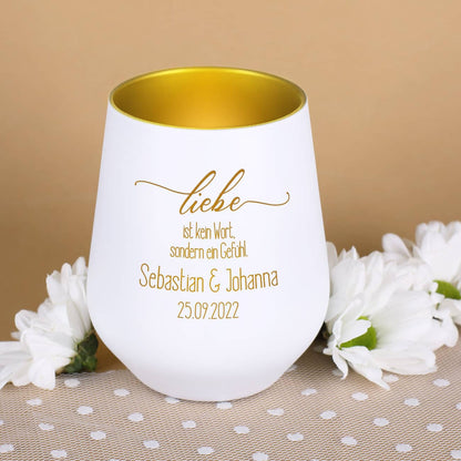 Weiß-goldenes Windlicht zur Hochzeit mit persönlicher Gravur