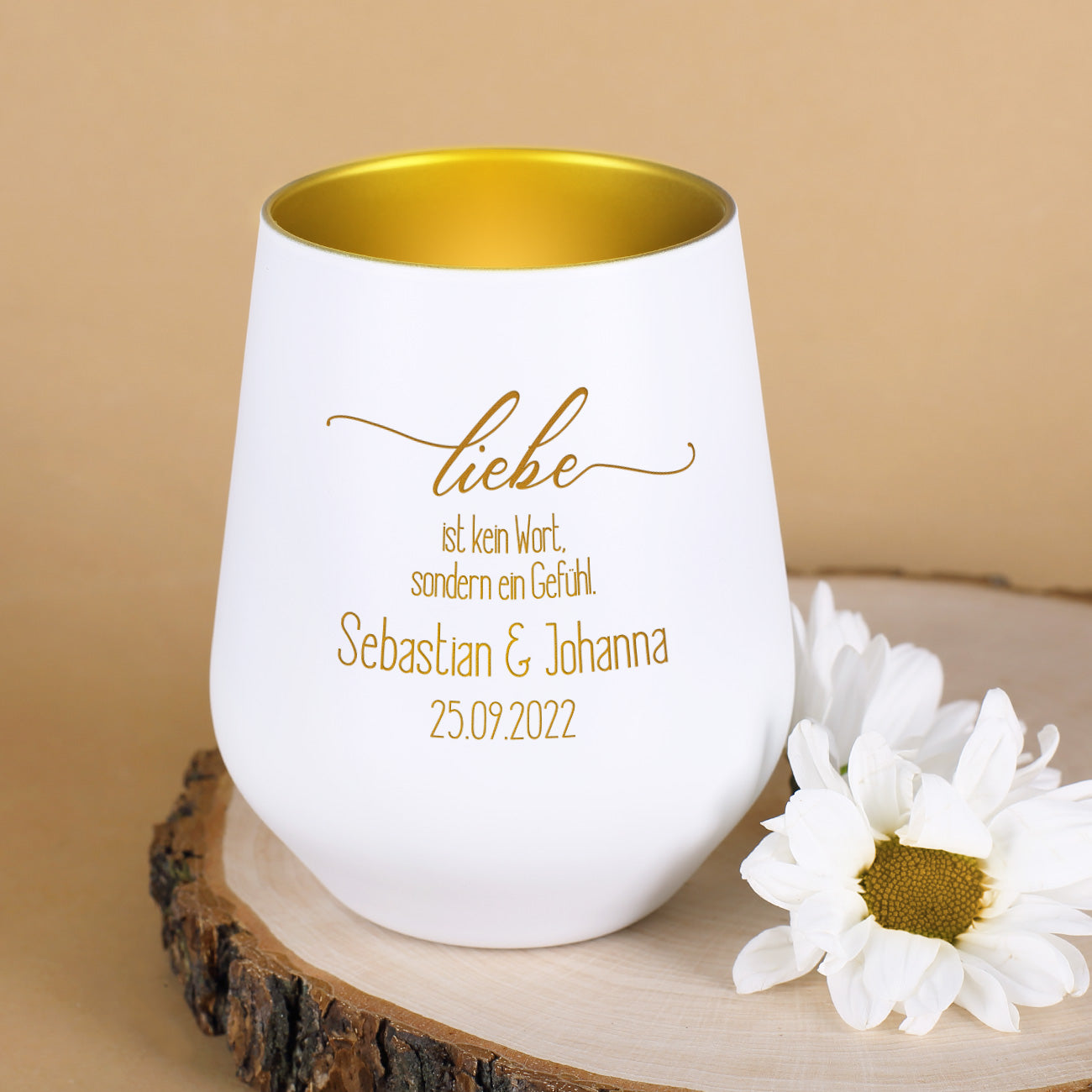 Liebe ist kein Wort, sondern ein Gefühl - Windlicht mit Namen und Datum