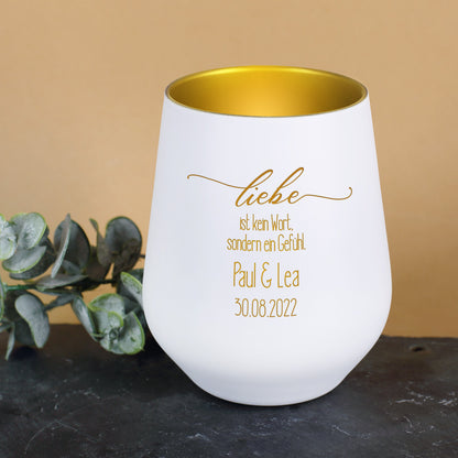 Persönliches Windlicht in weiß-gold als romantisches Hochzeitsgeschenk