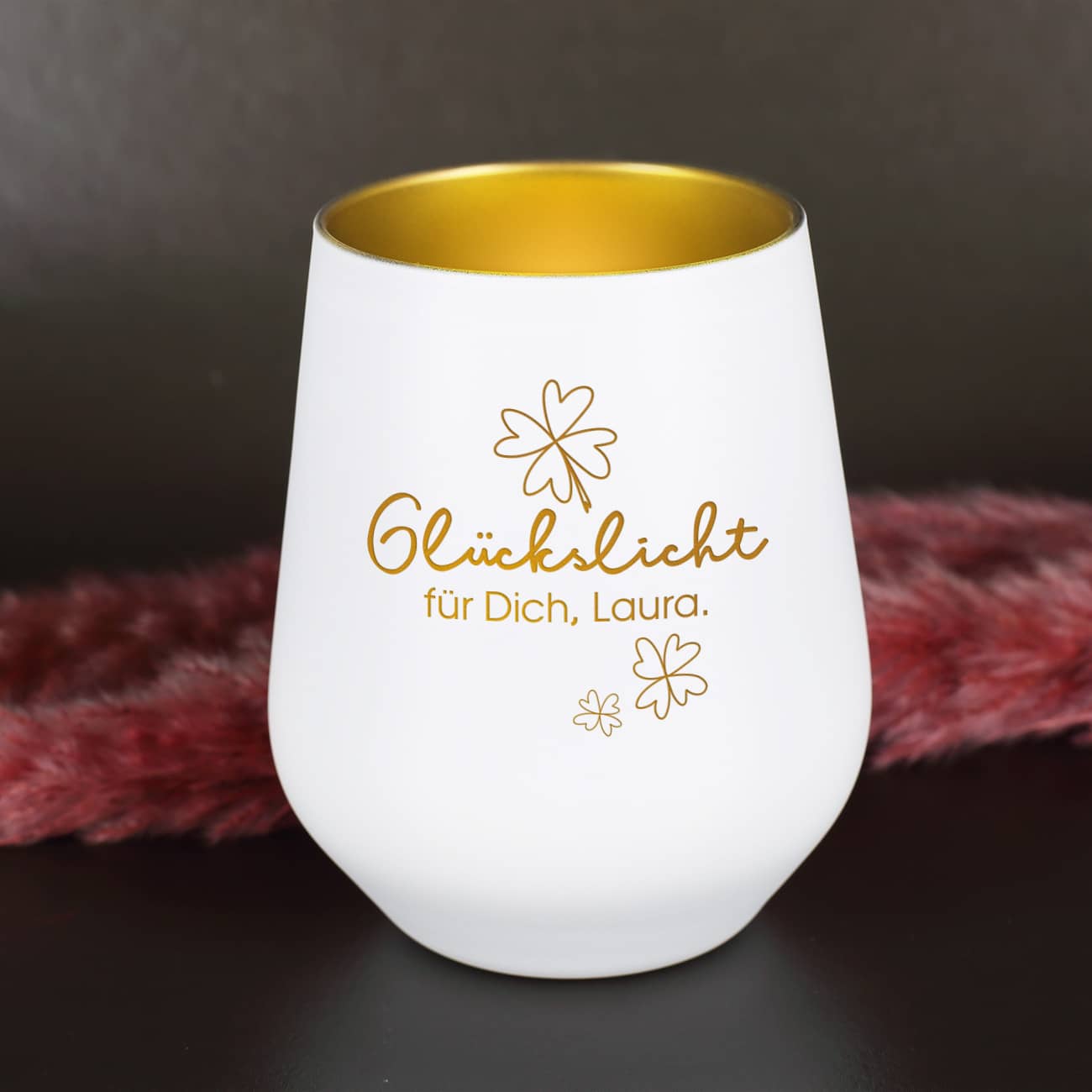 Windlicht Weiß-Gold mit Spruch 