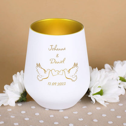weiß-goldenes Windlicht mit Gravur zur Hochzeit