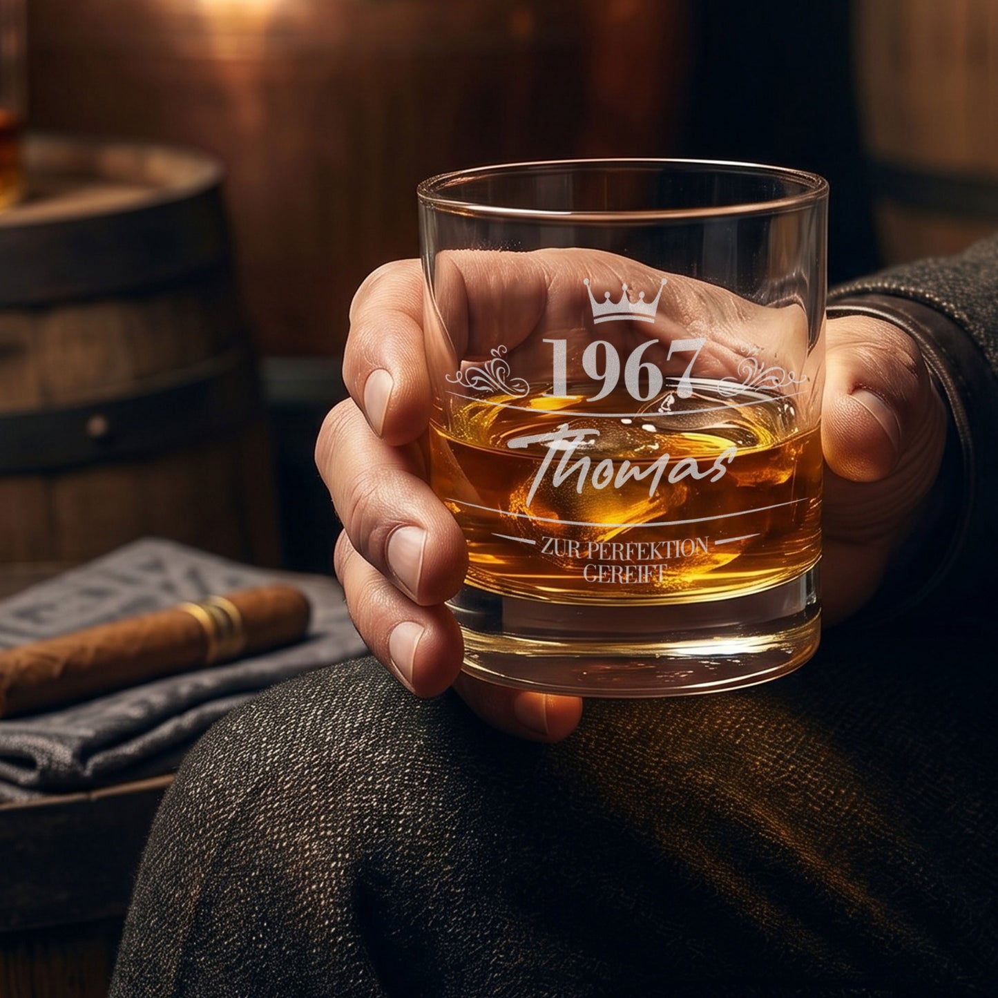 Hand hält graviertes Whiskyglas mit 1967, Name Thomas und Krone, gefüllt mit Whisky in stimmungsvoller Szene