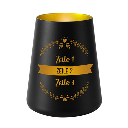Windlicht in schwarz mit goldener Innenseite graviert mit 3 Zeilen Text nach Wunsch