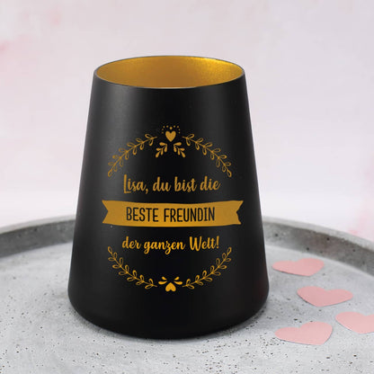 schwarzes Windlicht graviert mit 3 Zeilen eigenem Text