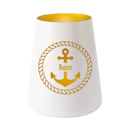 Weißes Windlicht mit Anker, Tau und Namen nach Wunsch graviert