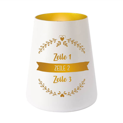 Windlicht in Weiß personalisiert mit 3 Zeilen Text nach Wunsch