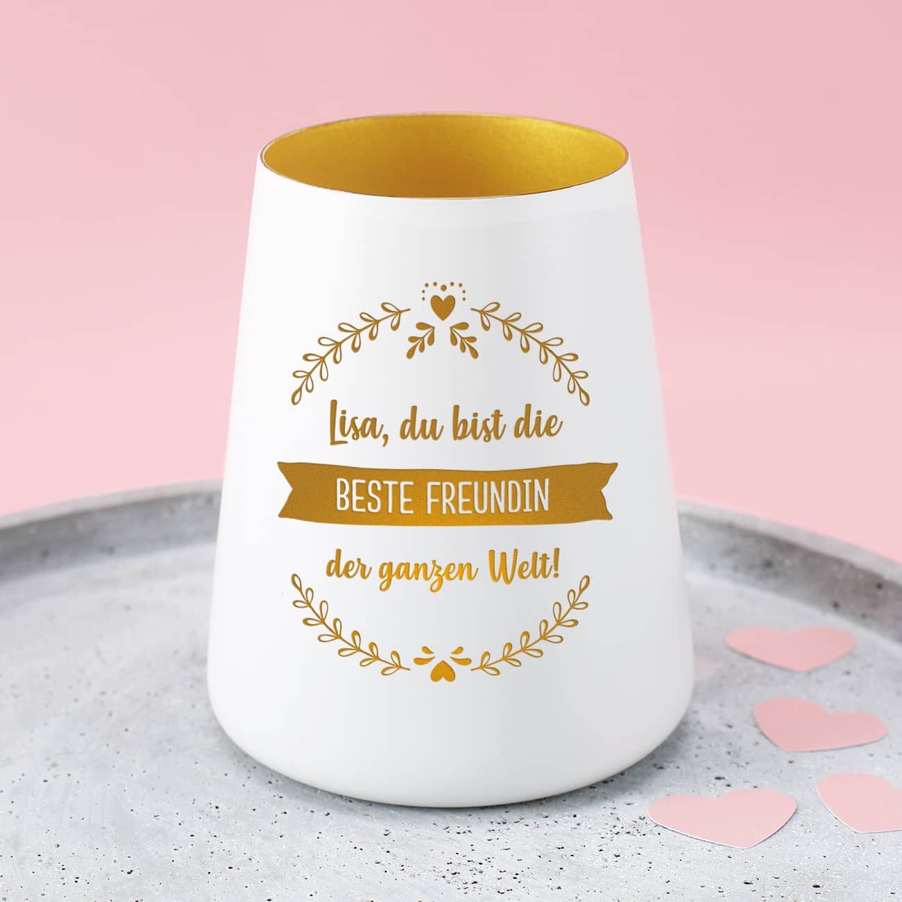 weißes Windlicht graviert mit 3 Zeilen eigenem Text