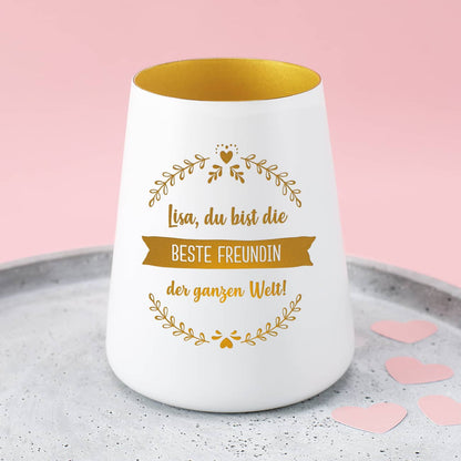 weißes Windlicht graviert mit 3 Zeilen eigenem Text