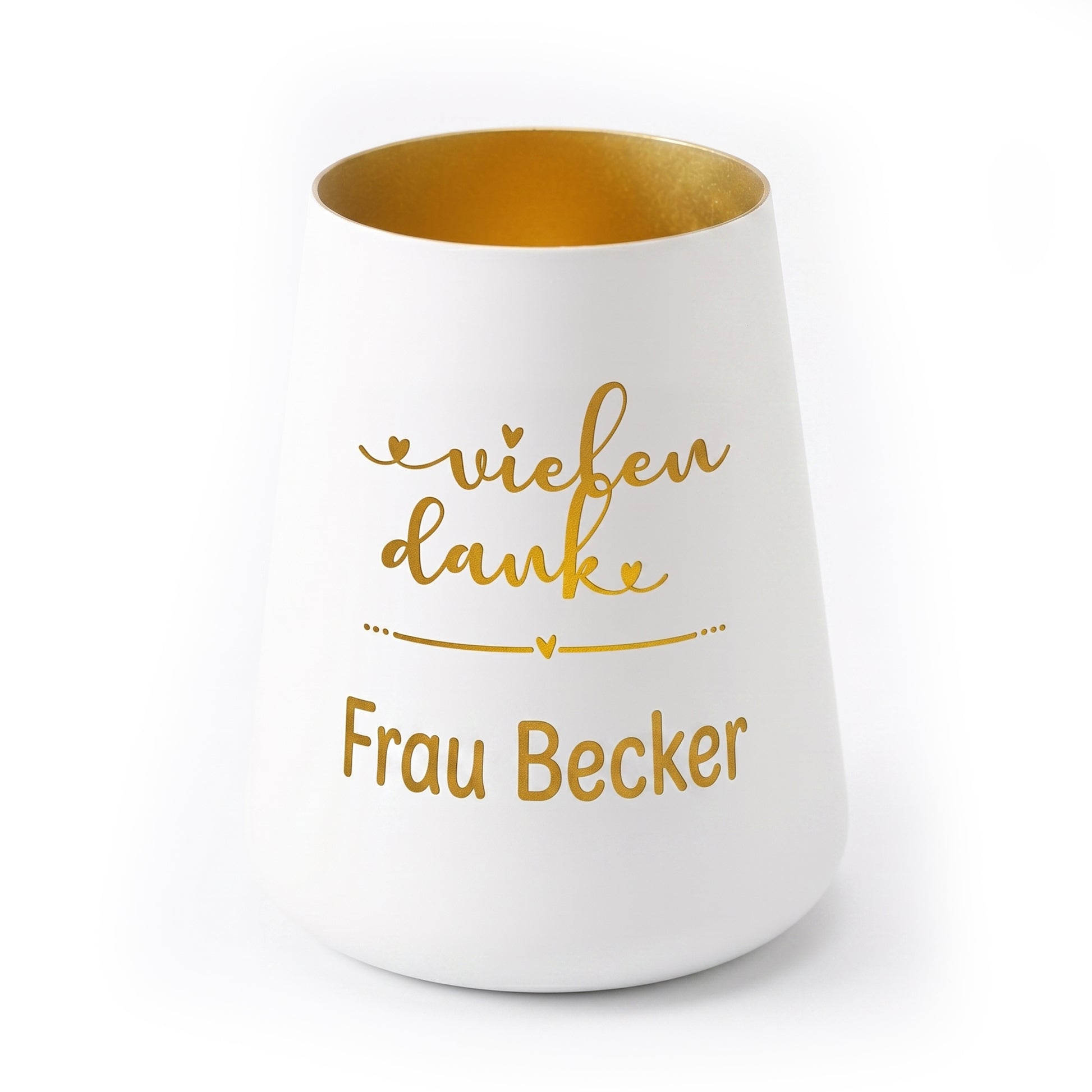Weißes Windlicht mit vielen Dank Motiv und Wunschname Frau Becker vor weißem Hintergrund