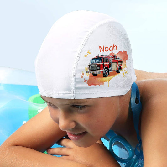 Kinderbadekappe mit Feuerwehrauto-Motiv und Name bedruckt