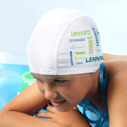 Badekappe für Kinder mit Wunschname in blau-grün