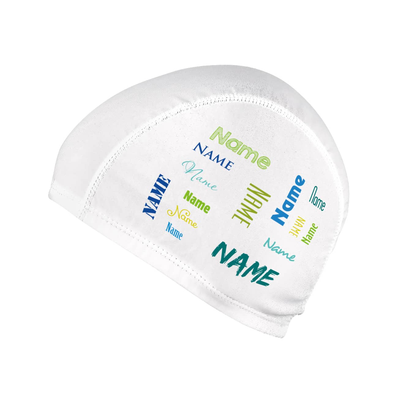 Badekappe für Kinder mit Wunschname in blau-grün und verschiednen Schriften