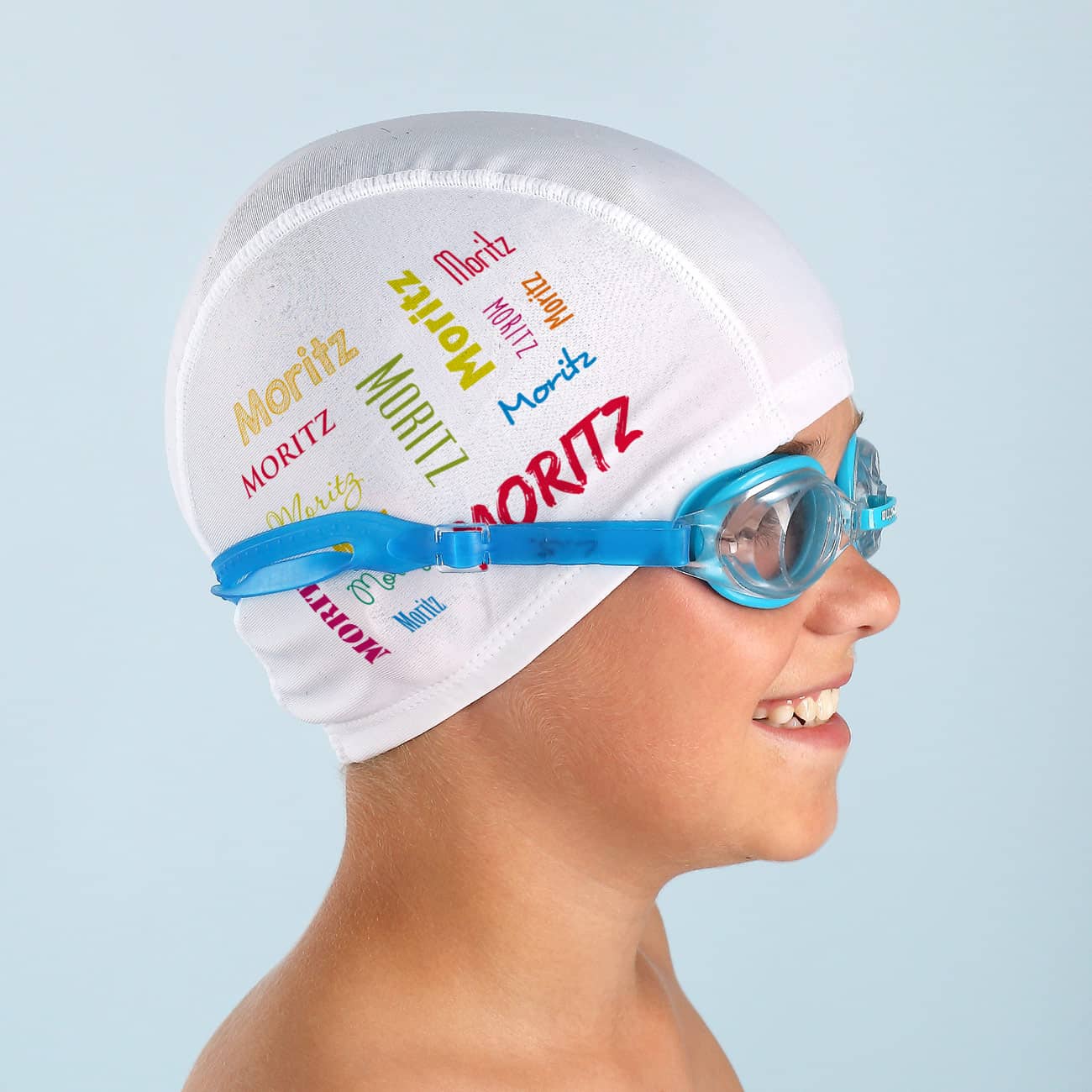 Badekappe für Kinder mit Wunschname in bunten Farben