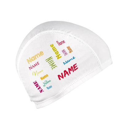 Badekappe für Kinder mit Wunschname in bunten Farben und verschiednen Schriften