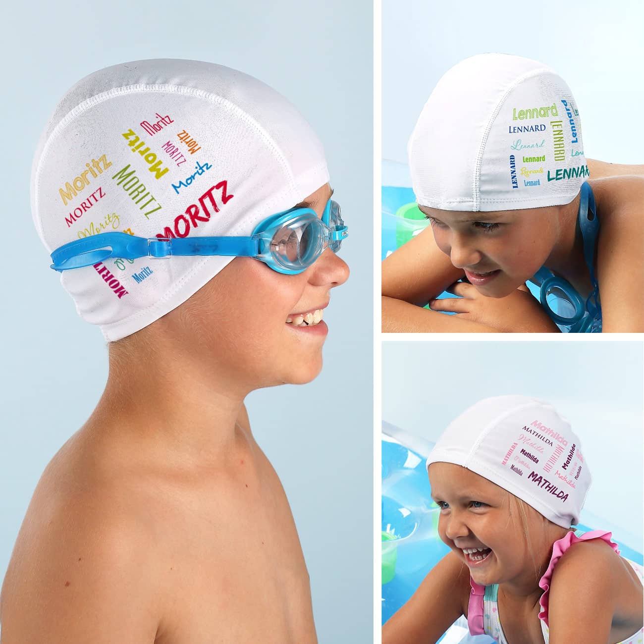 Badekappe mit Wunschname in drei verschiedenen Varianten