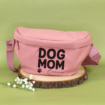 Bauchtasche personalisiert mit Name in Beige o. Rosa 'Dog Mom' | Gürteltasche für Hunde Mama & Frauen