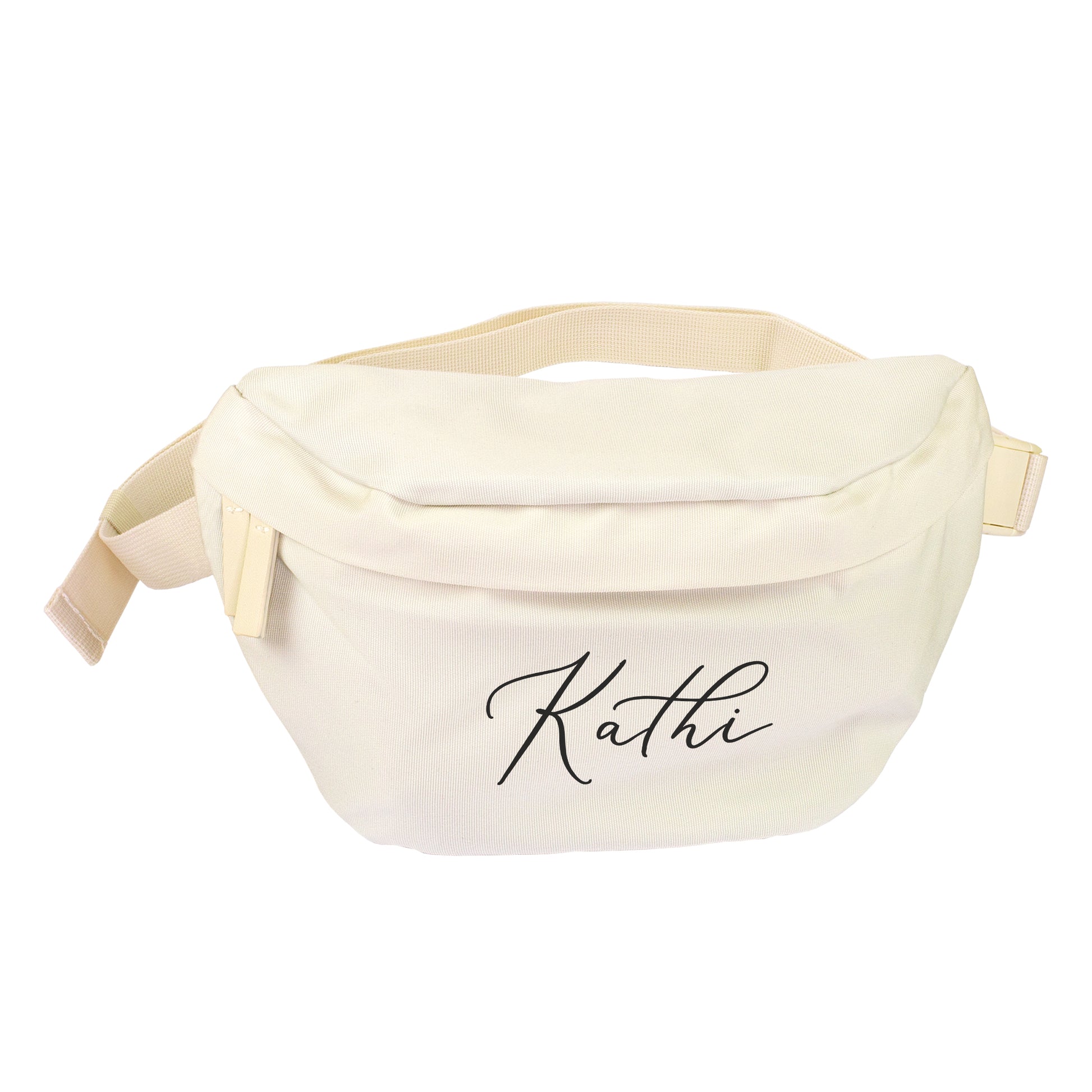 Cremefarbene personalisierte Bauchtasche mit Name Kathi auf weißem Hintergrund