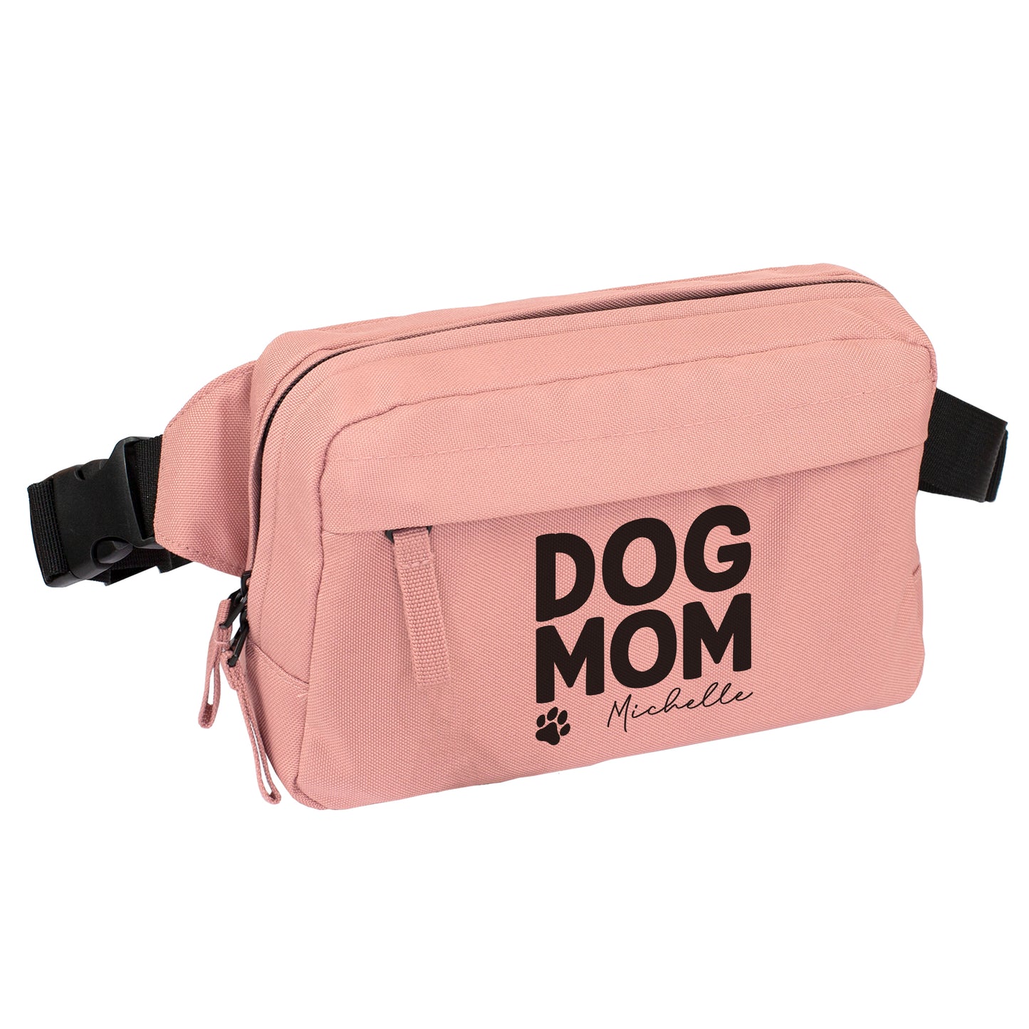 Rosa farbene Dog Mom Bauchtasche mit Name Michelle und verstellbarem Gurt freigestellt
