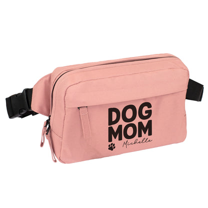 Rosa farbene Dog Mom Bauchtasche mit Name Michelle und verstellbarem Gurt freigestellt