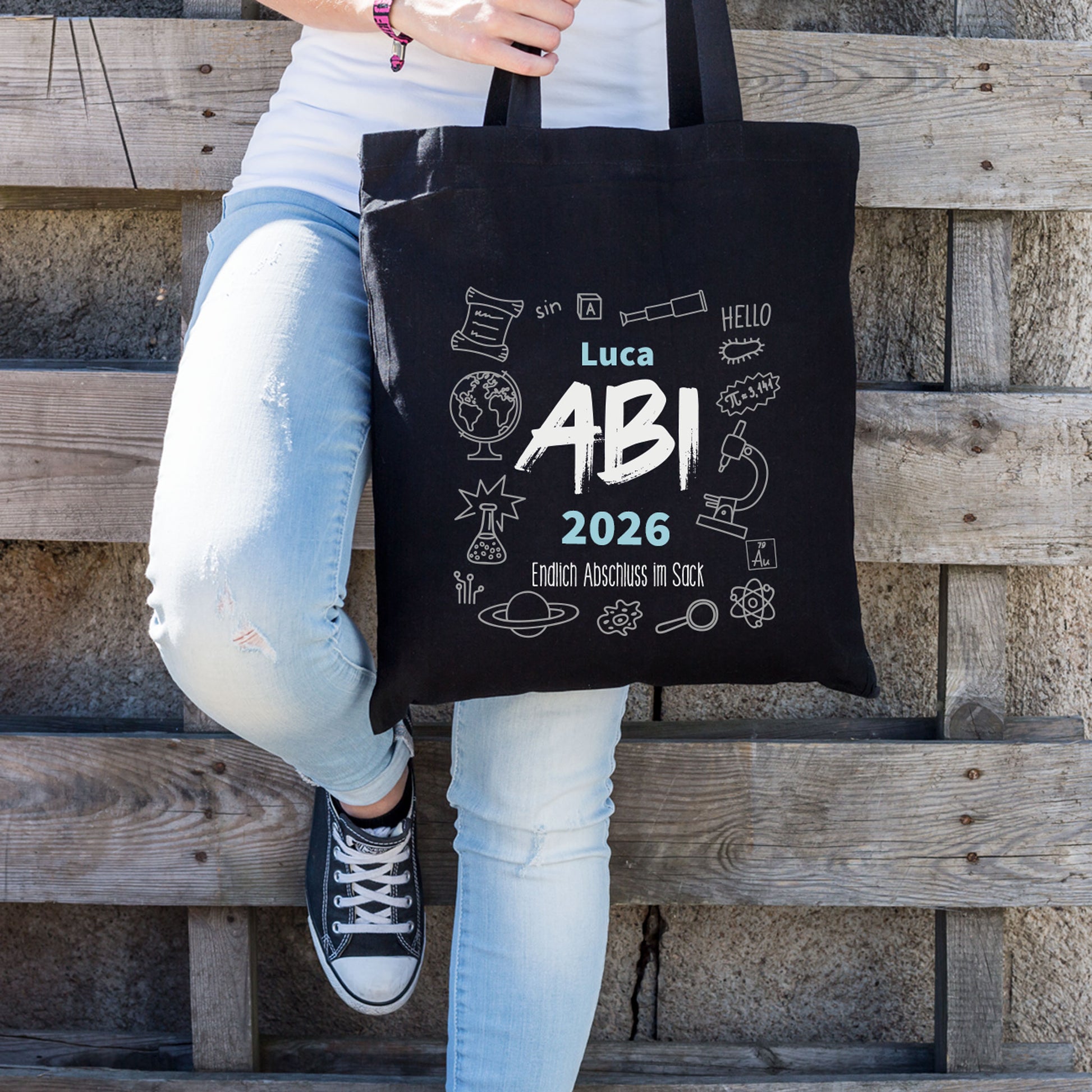 Baumwolltasche zum bestandenen Abitur mit Name "Luca", Jahr und Wunschtext