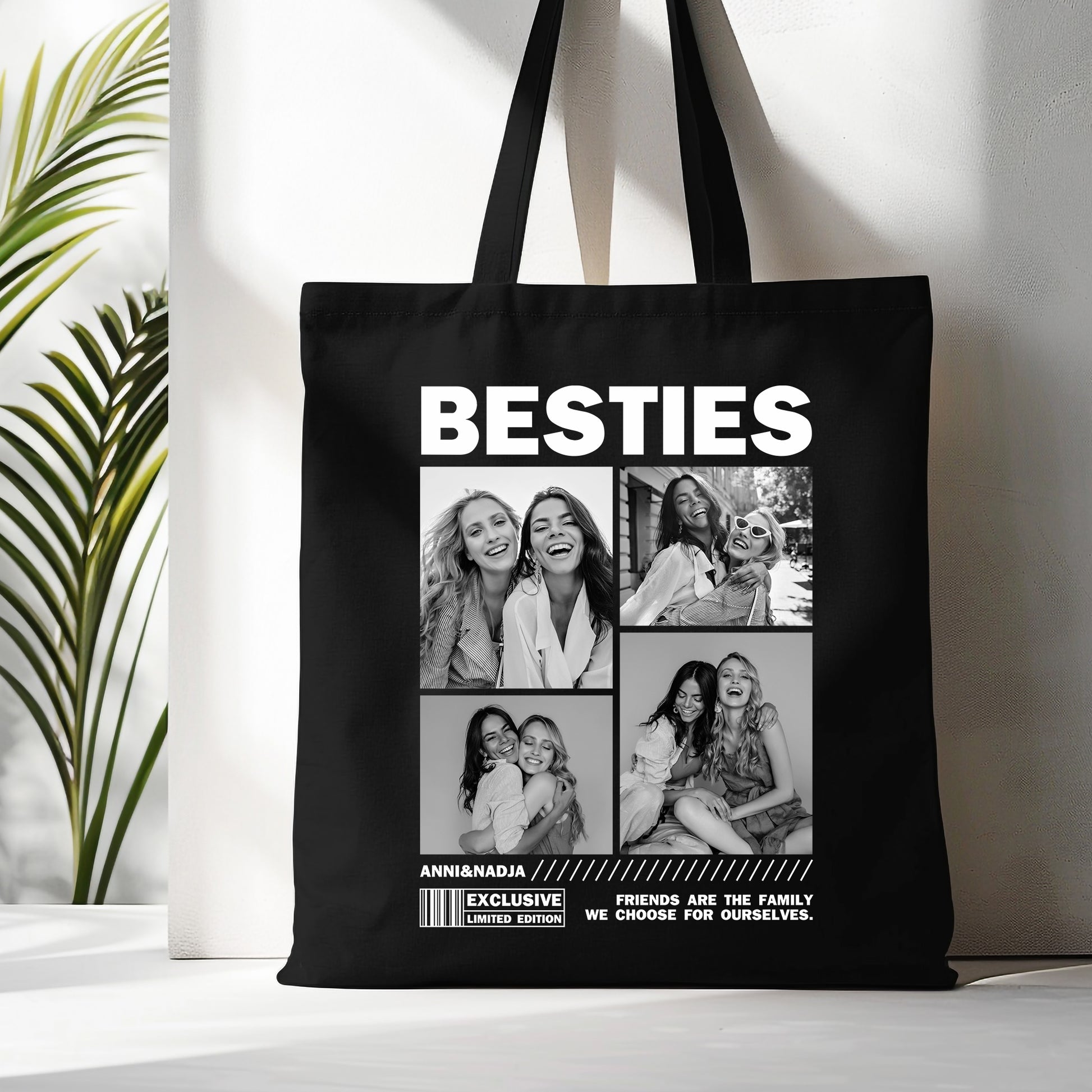 Schwarzer Jutebeutel mit der Aufschrift „BESTIES“ und vier individuell bedruckbaren Fotofeldern, gehalten von einer Hand vor einem hellen Hintergrund.