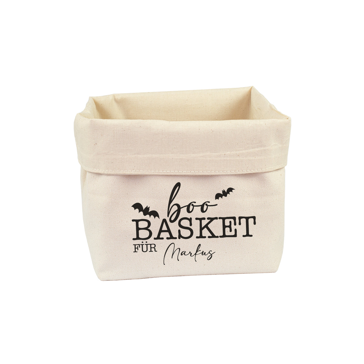 Personalisierter Halloween Boo Basket für Markus aus naturfarbenem Baumwollstoff mit schwarzem Fledermaus-Motiv