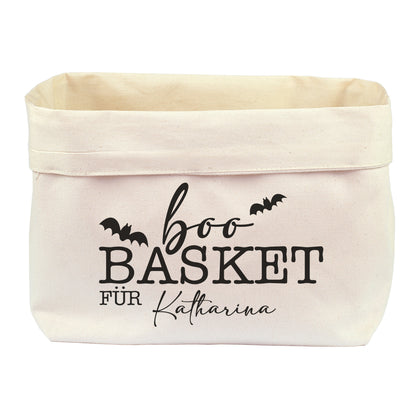 Großer personalisierter Boo Basket für Katharina aus Baumwolle mit schwarzem Halloween-Aufdruck und Wunschname