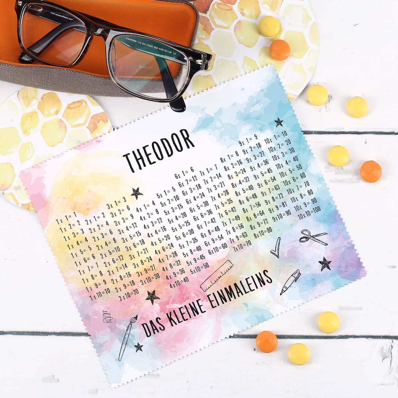 Brillenputztuch mit Wunschtext und kleinem Einmaleins
