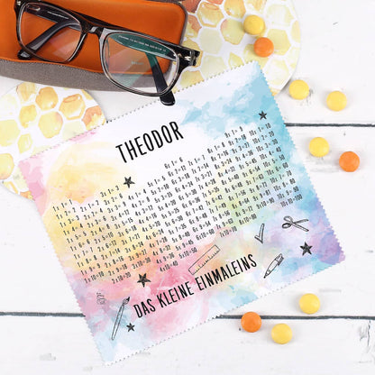 Brillenputztuch mit Wunschtext und kleinem Einmaleins