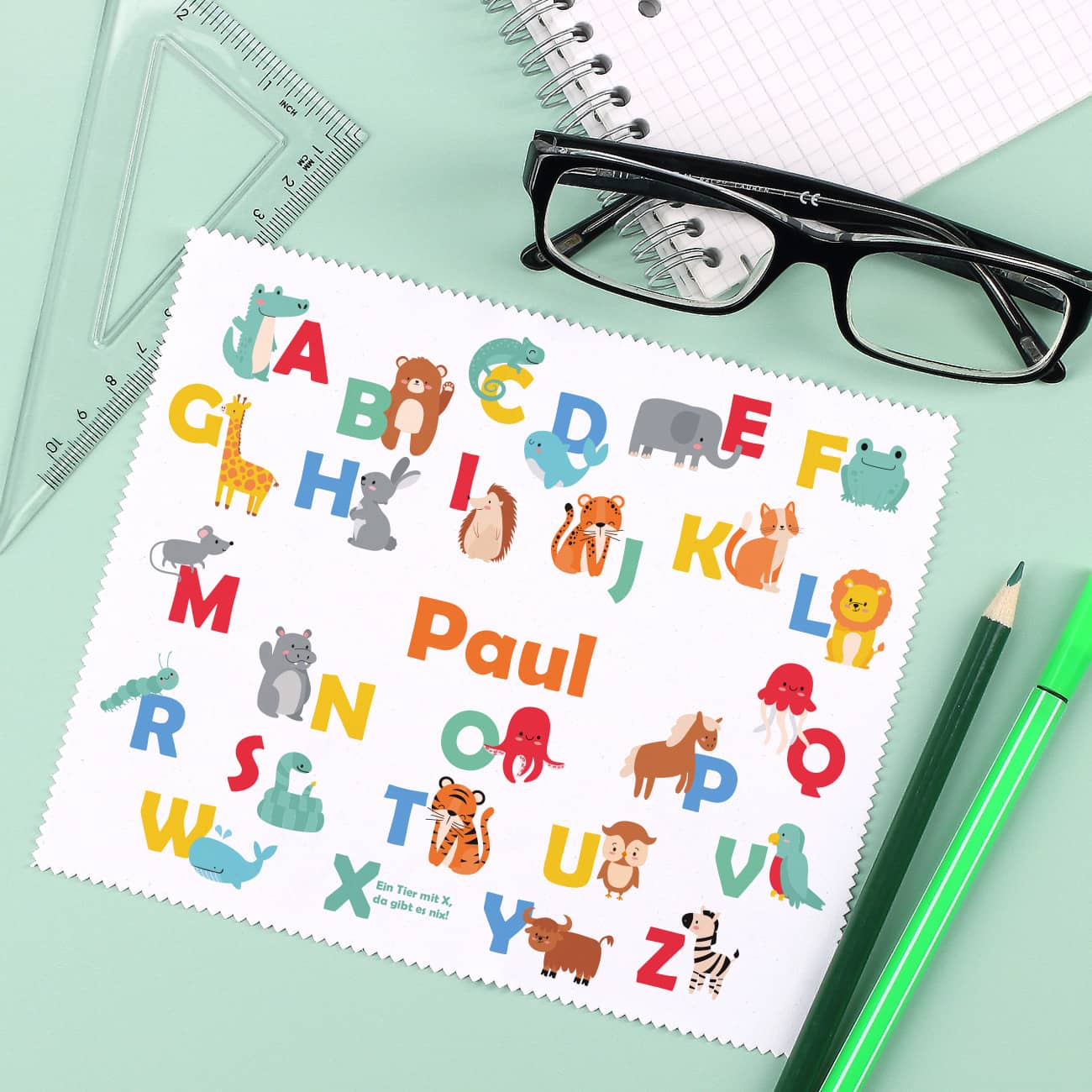 ABC mit Tieren und Name bedrucktes Brillenputztuch