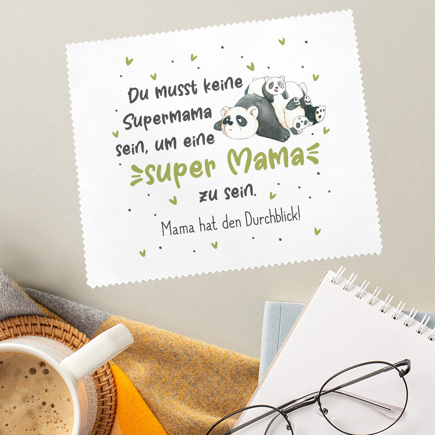 Mikrofasertuch für Mama mit Panda Design und Spruch Super Mama mit Wunschtext Geschenkidee Muttertag