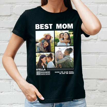 Personalisierbares Damen-T-Shirt mit vier Fotos und Wunschtext – Modell frontal getragen. Beispiel: Best Mom