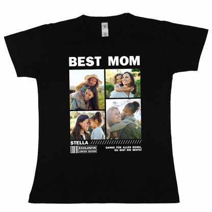 Schwarzes Damen-Fotocollage-Shirt mit Beispielaufdruck „BEST MOM“ – Frontansicht ohne Model