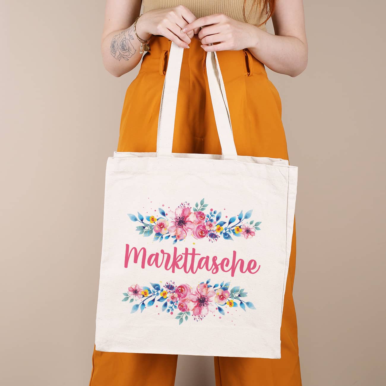 Einkaufstasche mit Blumen bedruckt & Text personalisiert