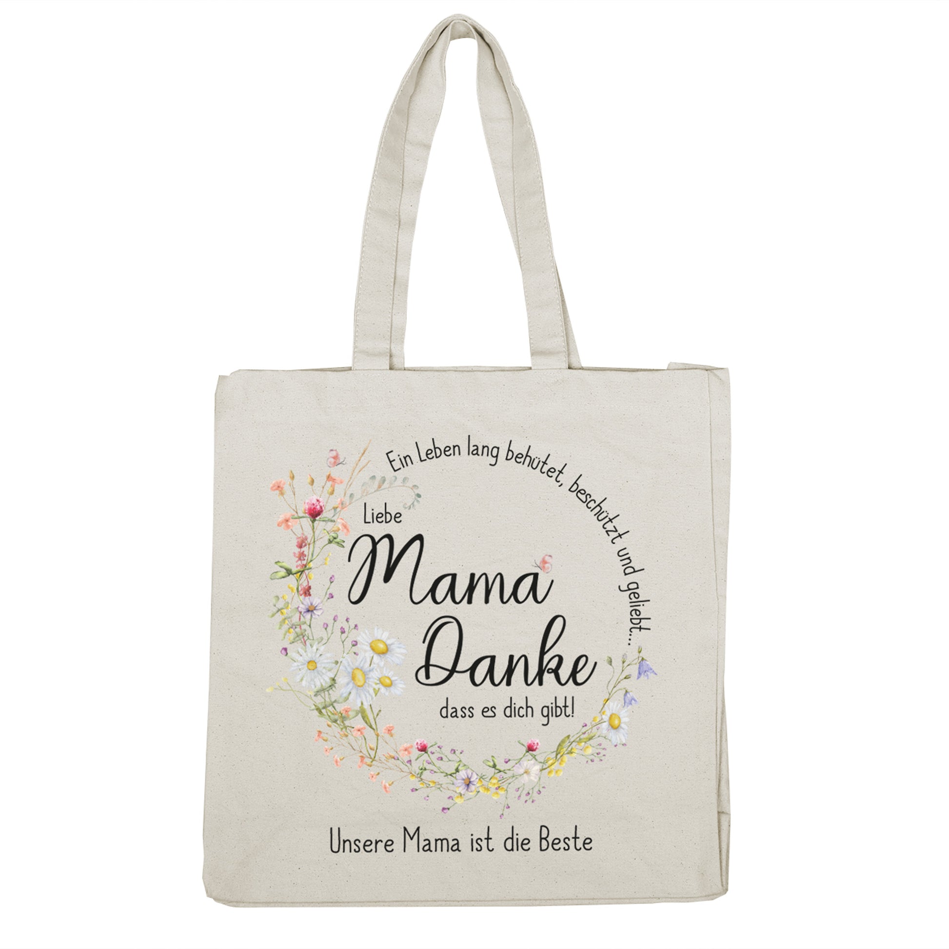 Baumwollbeutel mit Mama-Motiv – Natürliche Einkaufstasche aus 100 % Baumwolle mit liebevoll gestaltetem Blumenkranz und dem Spruch „Liebe Mama, danke, dass es dich gibt!“. Perfektes Geschenk zum Muttertag oder als Alltagsbegleiter.