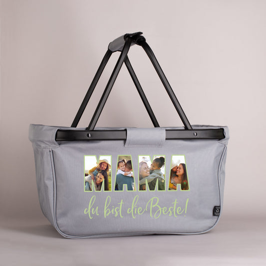 Personalisierter Einkaufskorb in Anthrazit mit vier eigenen Fotos und der Aufschrift „Mama, du bist die Beste!“ auf der Vorderseite.