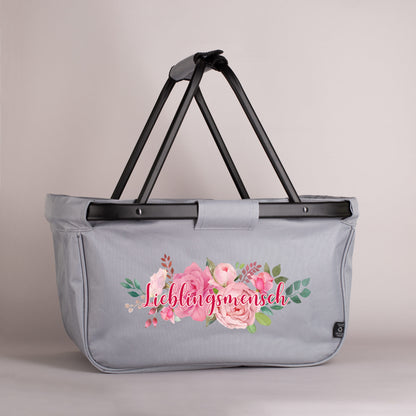 Praktischer Einkaufskorb mit Blumenbouquet und individuellem Aufdruck