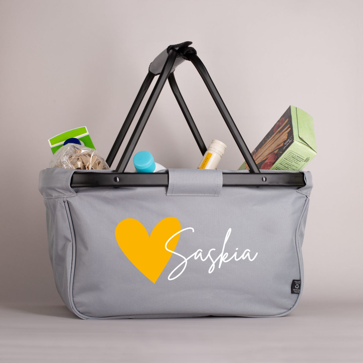 Faltbarer Einkaufskorb mit Herzmotiv und Wunschtext