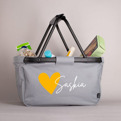 Faltbarer Einkaufskorb mit Herzmotiv und Wunschtext