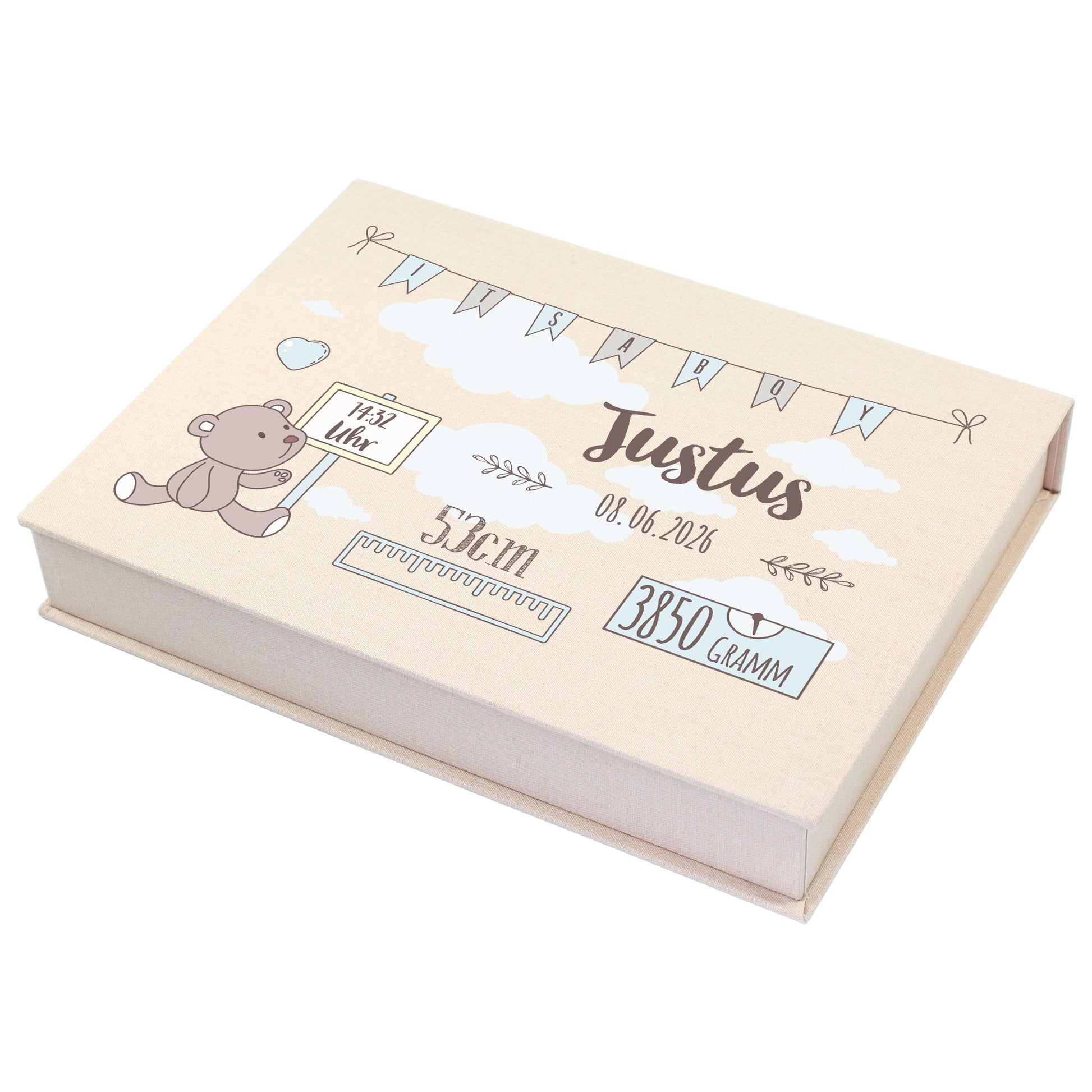 Personalisierte Fotobox zur Geburt mit It’s a boy Motiv, Name und Geburtsdaten auf hellem Hintergrund